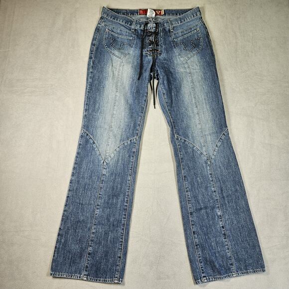 Vintage Guess Bootcut Jeans Womens Size 32 Y2K Lace Up Fly Blue Jeans Cowgirl - Picture 1 of 13